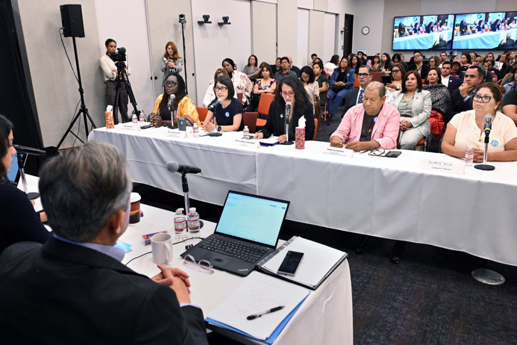 From left: Felix Menendez, SALVA, Nana Gyamfi, BAJI; Shiu-Ming Cheer, California Immigrant Policy Center; Pablo Alvarado, NDLON and Erica Lomeli Corcoran, UFW Foundation. Photo by Wally Skalij.