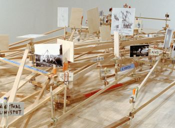 Pull me from the wreckage (detail), 2003, Wood, rubber bands, cardboard and ink, 55 x 45 x 158 in. Dave Hullfish Bailey