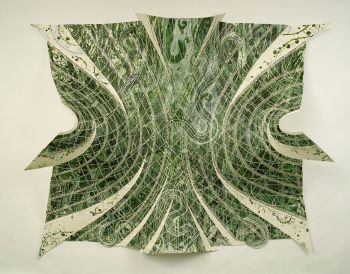 Beetle Manifesto XII, 2006, 96 x 102 x 30 in., Chlorophyll, spirulina, acrylic, staples, aluminum foil on paper Tam van Tran