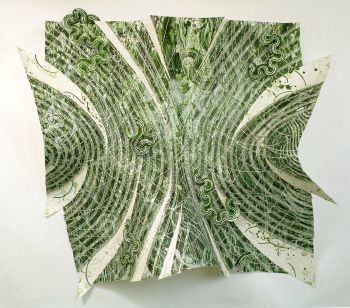 Beetle Manifesto XIII (Genesis), 2006, 97 x 100 x 26 in., Chlorophyll, spirulina, acrylic, staples, aluminum foil on paper Tam van Tran