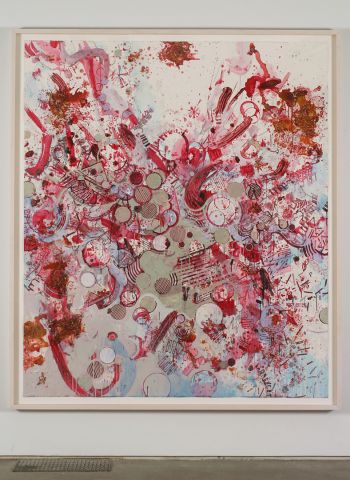 When Liver Came Then Thoughts of Cities Appeared, 2005, 80 x 69 in., Beets, acrylic, aluminum foil, color pencil on paper Tam van Tran