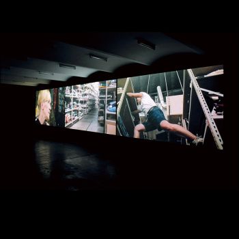 The Weight of Relevance, 2007, 3 channel video projection (color, sound, 26:15 min. looped), 80.5 x 435 in. Andrea Bowers