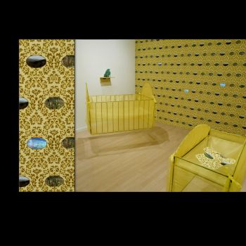 Sweet Dreams, 2006/7, Hand-drawn and digital wallpaper, videos, welded steel and c-stand, 14 ft. x 10 ft. x 20 ft. Kim Abeles