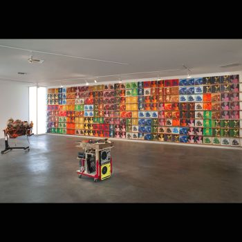The Grove (Installation view - Arizona State University), 2007, Speakers, wood, turntables, records and wire, 18 ft. x 40 ft. x 40 ft. Sean Duffy