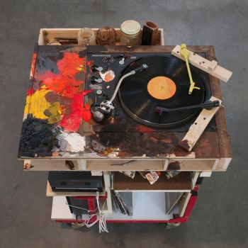 Can`t Stop It - installation view, 2009, Chevy engine, turntables and acrylic paint on scrap wood, 10 ft. x 35 ft. x 30 ft. Sean Duffy