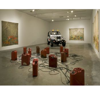 The Pallette, 2009, Oil paint, three turntables, engine stand, nine records and speakers, 34 in. x 30 in. x 20 in. Sean Duffy