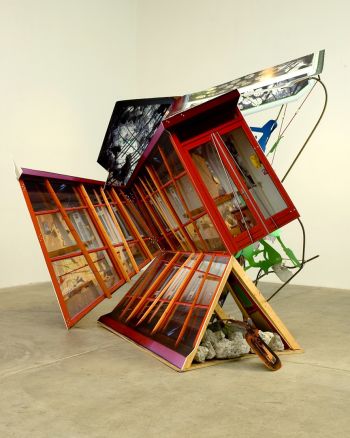 Cheerleaders, 2006, Friendly plastic, linoleum, tape, paint and inkjet on aluminum, 112 in. x 101 in. x 132 in. Katie Grinnan