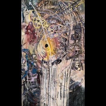 Klotho, 2009, Acrylic, collage and oil stick on canvas, 134 in. x 77 in. x 2 in. Iva Gueorguieva