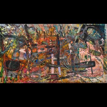Clinamen, 2009, Acrylic, collage and oil stick on canvas, 76 in. x 139 in. x 2 in. Iva Gueorguieva