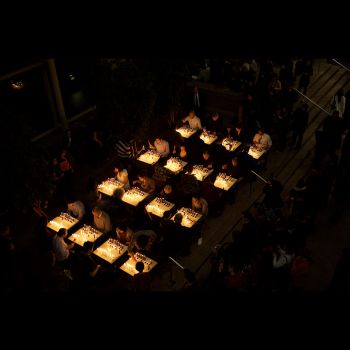 The Burning Boards, 2007, Wood, candles and assorted chess players, 72 in. x 192 in. x 288 in. Glenn Kaino