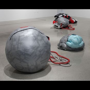 Exodus 2025, 2010, 13-piece installation (silkscreened nylon, goretex and cordura), 32 in x 32 in. x 32 in. Kara Tanaka