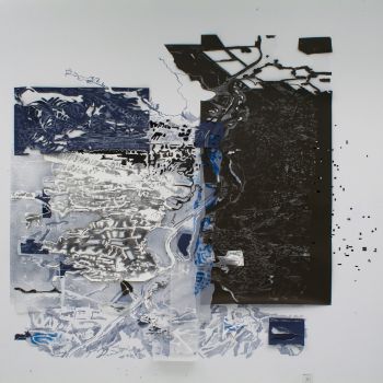 Overland 1, 2007, Pencil and pigment on Dura-lar, cut papers and painted wall, 130 in. x 130 in. x 2 in. Fran Siegel