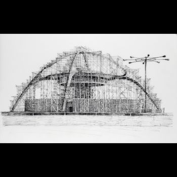 Encounter (The Theme Building so beautiful encased in scaffo), 2009, ink on Duralar, 25 in. x 40 in. Deborah Aschheim