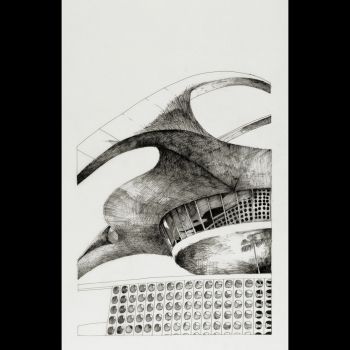 Theme Building No. 2 (She Said, How I Felt About Flying When), 2010, ink on Duralar, 38 in. x 25 in. Deborah Aschheim