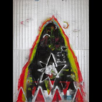 Judgement, 2010, acrylic spray paint and ninja star on insulation panel, 16 ft. x 12 ft. Martin Durazo