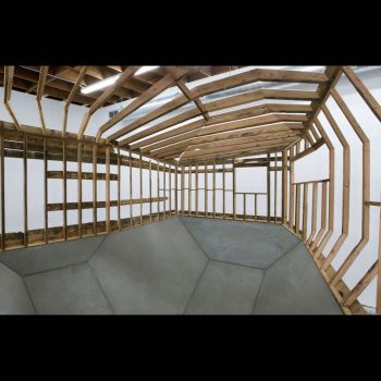 Interior view of Rebuilt Homestead, 2010, salvaged wood from the homestead, cement, hardware, 132 in. x 132 in. x 132 in. Gregory Michael Hernandez