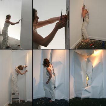 Corner, 2007, performance/installation-plywood, 2x4s, hand tools, 10 ft. x 16 ft. x 25 ft. Nancy Popp