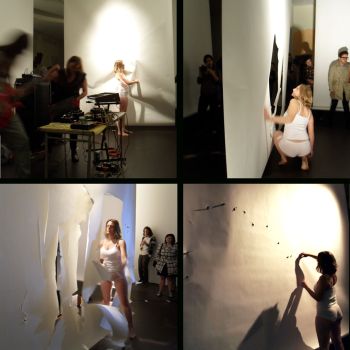 Cut Performance, 2010, performance/installation - razor blades, noise music, paper, 20 ft. x 40 ft. x 60 ft. Nancy Popp