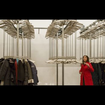 Coat Check Chimes Whitney Museum Installation View, 2008, nickel-plated aluminum and steel, 1,200 pieces, 100 in. x 100 in. x 100 in. Mungo Thomson