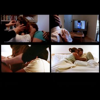 When the sky is falling, I want to think about love, 2008, 2 channel video installation, 21 in. x 64 in. x 5 in. Eileen Cowin