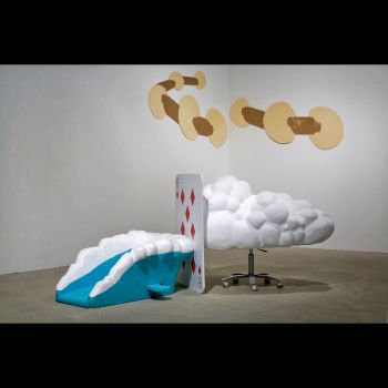 Foreground: Quantum Shirley Series: Superposition, 2009, plastic, paper, metal, 42 in. x 102 in. x 60 in. Shirley Tse