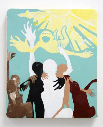 Sunshine, 2010, Acrylic on canvas, thread, nails, wood, 30 in. x 25 in. x 4 in. Scoli Acosta