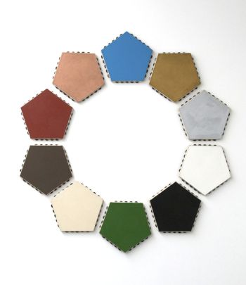 Pentagonal Monochrome (tambourine) Circle, 2010, canvas, wood, acrylic paint, smashed bottle caps, upholstery, 7 ft. x 7 ft. x 1.75 in. Scoli Acosta