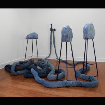 Blue Installation, 2012, Ceramic, jeans, dsl/phone cords, resin, steel, 67 in. x 108 in. x 120 in. Anna Sew Hoy