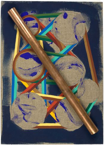 Copper Pipe with Gears, 2012, copper pipe and flasche on linen, 16 in. x 14 in. x 2 in. Eamon Ore-Giron
