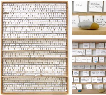 For Learning Zapotec Verbs, 2012, Wood, pencil, paper, wire, found rocks, 50 in. x 37.5 in. x 2.5 in. Gala Porras-Kim