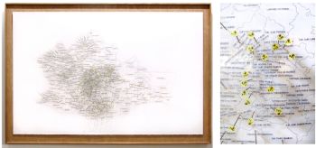 Mapping Tones (all documented Zapotec dialects in Oaxaca), 2012, Graphite, ink, tape, pins, post it, paper, wood, 30 in. x 40 in. x 4 in. Gala Porras-Kim