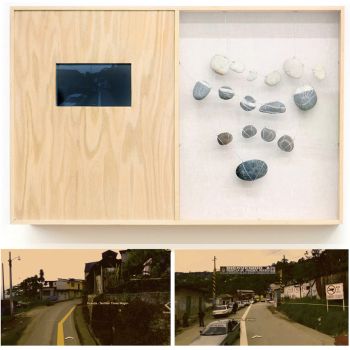 Towards Huautla, OX, 2012, Wood, stone, fabric, mirror, google maps video (15m25s loop), 17 in. x 26 in. x 3 in. Gala Porras-Kim