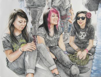 In Between Sets, Waiting for the Band, 2010, color pencil on paper, 23 in. x 35 in. Shizu Saldamando