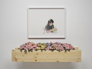 Katherine with Flowers, 2010, color pencil, collage on paper, handmade paper flowers, box, 40 in. x 48 in. x 10 in. Shizu Saldamando