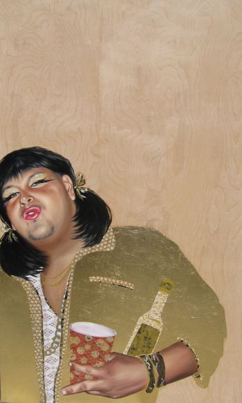 La Otra Gerry, 2009, oil paint, gold leaf, collage on wood panel, 4 in. x 3 in. x 2 in. Shizu Saldamando