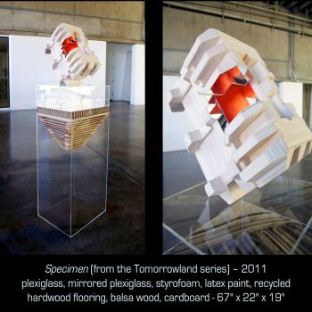 Specimen, 2011, plexiglass, mirrored plexi glass, foam core, wood, latex pai, 67 in. x 22 in. x 19 in. L. Aili Schmeltz