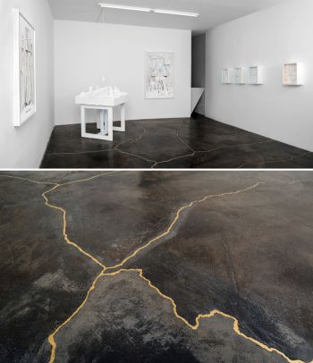 Untitled (Faults), 2012, 24kt gold leaf over gallery floor cracks Peter Wu