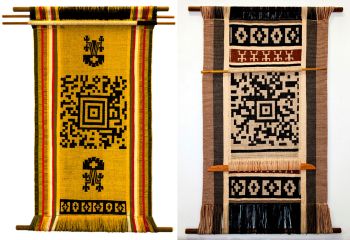 Lukutuwe, (Fertility), 2012 (left Image), Textile, barcode & 8 min. video, 86 in. x 60 in. The Visionary, 2012 (Right Image), textile, barcode & 8 min. video, 86 in. x 60 in. Guillermo Bert