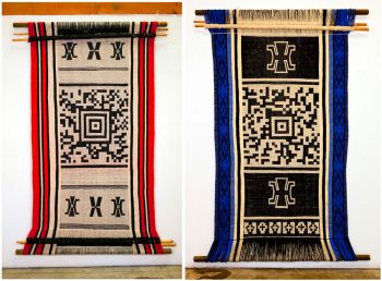 Redemption, 2012 (left Image), Textile, barcode & 8 min. video, 96 in. x 50 in. Ancestral Spirit, 2012 (Right Image), Textile, barcode & 8 min. video, 96 in. x 50 in. Guillermo Bert