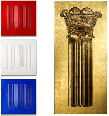 Red States, Blue States & White Lies, (left) 2007, high gloss Candy Apple pigments, Bar codes engraved on plexiglass, 68 in. x 20 in. x 2 in. Collateral Damage, 2009 (Right), 54 in. x 35 in., Pre-Columbian images, Laser cutting, barcodes & Gold leaf. Guillermo Bert