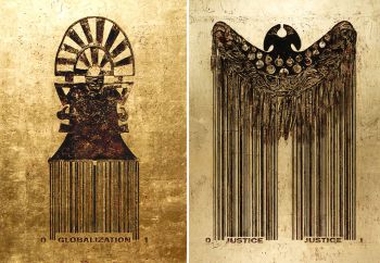 Globalization, 2009 (left Image) pre-Columbian images, laser cutter, Bar-codes and gold leaf. 64in. x 32in., Double Justice, 2009 (right Image) pre-Columbian images, laser cutter, Bar-codes and gold leaf. 64 in. x 32 in. Guillermo Bert