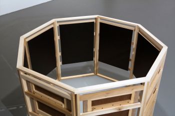 lo-opticon (Black Hole Son)), 2014, Oil on linen mounted on wood structure, 3.5 ft. x 8 ft. x 8 ft. Mark Flores