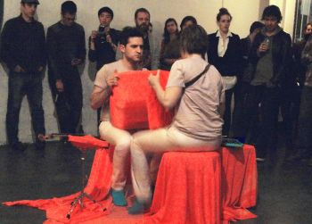 Accordions, 2012, Pulp Fiction, accordions, nylon stretch fabric, violin, glockenspiel, nylon fabric, 2 performers. 4 ft. x 4 ft. x 4 ft. Corey Fogel
