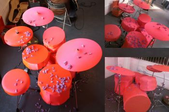 Jacarandrum, 2012, Three Day Weekend @ Public Fiction. nylon stretch fabric, drums, jacaranda blossoms, 4 ft. x 4 ft. x 3 ft. Corey Fogel
