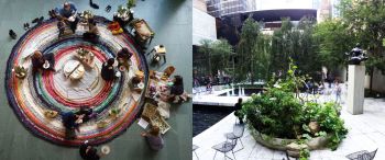 Domestic Integrities part A01: New York, 2012, installation, rug: old clothing and mixed media, garden: steel, dirt, plants, dimensions vary Fritz Haeg
