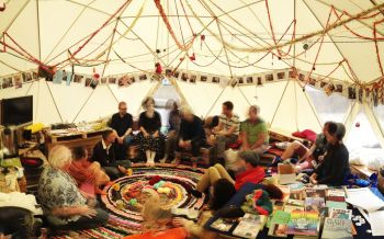 Sundown Schoolhouse of Queer Home Economics, 2012, installation, 2012, canvas tent and mixed media, 18' diameter Fritz Haeg