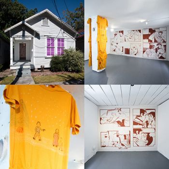 Until the Day Breaks and the Shadows Flee, 2010, installation, acrylic murals on walls, acrylic on outside windows, multi-media on 6 yellow t-shirts, dimensions vary. Nery Gabriel Lemus