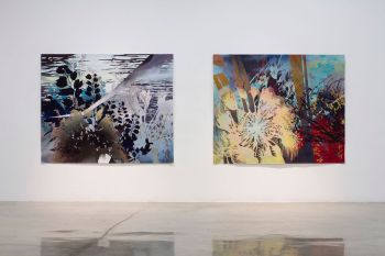 Leap Year (installation view). Burnt Palm, 2011 (left), spray paint and acrylic on handmade Washi paper, 68 in. x 82 in., Insurgent Horticulture, 2011 (right), spray paint and acrylic on handmade Washi paper, 68 in. x 82 in. Devon Tsuno