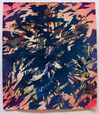 Submerged Palm, 2014, spray paint and acrylic on handmade Zaanes paper, 29 in. x 26 in. Devon Tsuno