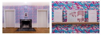 Watershed, 2014, Weingart Gallery, Occidental College, wallpaper, risograph and artist books, dimensions variable Devon Tsuno